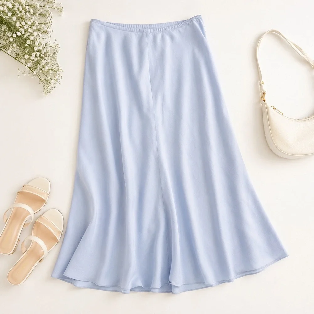 Eileen Fisher 100% Silk Midi Skirt Women 1X Light Blue Grey A-Line Elastic Waist
